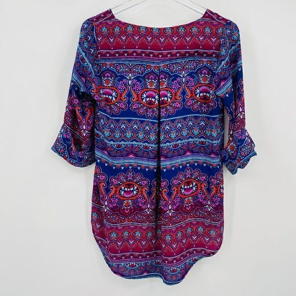 Renee C Size Small Blue & Pink Boho Print V Neck Hi Low 3/4 Sleeve Blouse Top - Picture 10 of 10